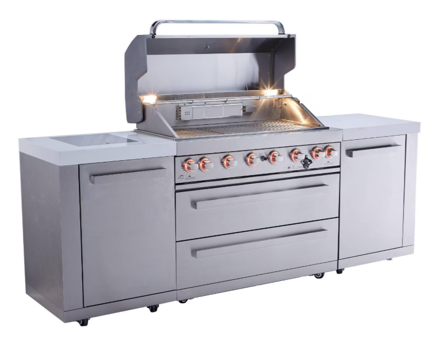 A stainless steel island grill